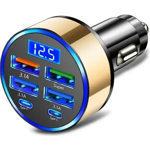 Dijital Ekranlı 6 Çıkışlı Süper Hızlı Araç Içi Şarj Aleti Başlığı