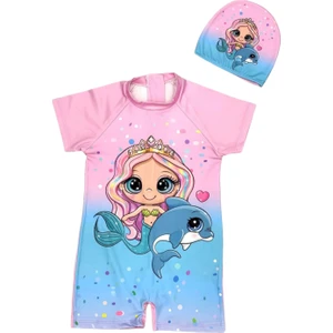 Kız Çocuk Gizli Sırt Fermuarlı Deniz Kızı Yunus Karakter Baskı Desenli Dalgıç Kumaş Boneli Hipster Mayo Takımı