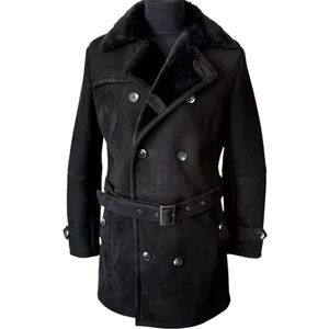 Asus Deri - Siyah  Süet Koyun Kürkü Erkek Trençkot - Burb