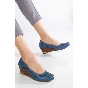 Analin Shoes Kadın  Deri Lazerli Dolgu Topuklu Ayakkabı - Kot Mavi