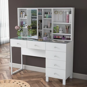 BJ140 Aynalı Kapaklı 6 Çekmeceli Makyaj Masası Cam Tablalı Kancalı Takı Düzenleyici Beyaz