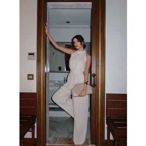 Esra Helvacı Bej Halter Yaka Uzun Tulum