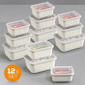 12'li Vip Dikdörtgen Mikrodalga ve Difrize Uygun Saklama Kabı Seti Bej 4X(1750,1050,600 Ml)