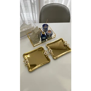 2'Li Kahve & Çay & Sunum Tepsisi Çelik Gold Tepsi Papatya Model