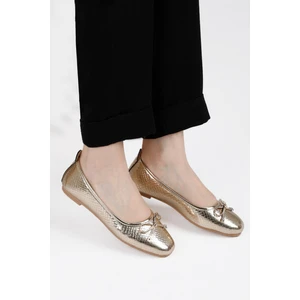 Renkli Butik Fiyonklu Kadın Balerin Babet Altın Yılan Desen Gold, Gümüş, Leopar Renklerde