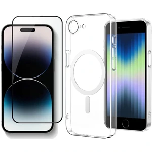 Apple iPhone 16E Kılıf Zore Magsafe Şarj Özellikli Şeffaf Kamera Çerçeveli Porto Kapak + Cam Ekran Koruyucu