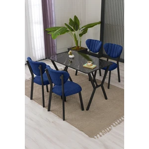 Lumodi Mobilya Elma Modeli Masa Sandalye Takımı, 4 Sandalye 1 Sabit Siyah Mermer Desen Masa  110 x 70  cm , Keten Kumaş