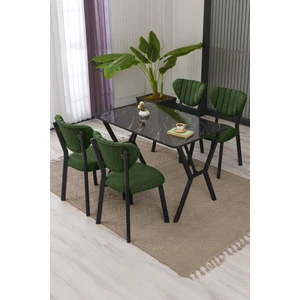 Elma Modeli Masa Sandalye Takımı, 4 Sandalye 1 Sabit Siyah Mermer Desen Masa  110 x 70  cm , Keten Kumaş
