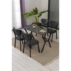 Lumodi Mobilya Elma Modeli Masa Sandalye Takımı, 4 Sandalye 1 Sabit Siyah Mermer Desen Masa  110 x 70  cm , Keten Kumaş