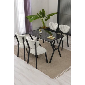 Lumodi Mobilya Elma Modeli Masa Sandalye Takımı, 4 Sandalye 1 Sabit Siyah Mermer Desen Masa  110 x 70  cm , Keten Kumaş