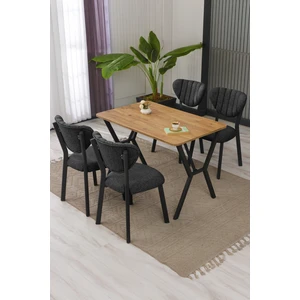 Elma Modeli Masa Sandalye Takımı, 4 Sandalye 1  Sabit Ceviz Masa  110 x 70  cm , Keten Kumaş