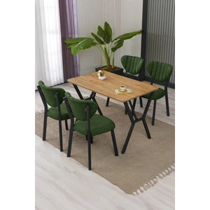 Elma Modeli Masa Sandalye Takımı, 4 Sandalye 1  Sabit Ceviz Masa  110 x 70  cm , Keten Kumaş