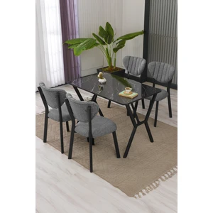 Lumodi Mobilya Elma Modeli Masa Sandalye Takımı, 4 Sandalye 1 Sabit Siyah Mermer Desen Masa  110 x 70  cm , Keten Kumaş