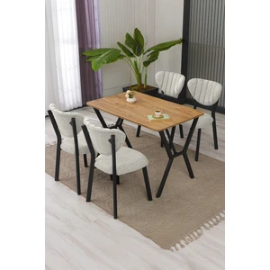 Elma Modeli Masa Sandalye Takımı, 4 Sandalye 1  Sabit Ceviz Masa  110 x 70  cm , Keten Kumaş