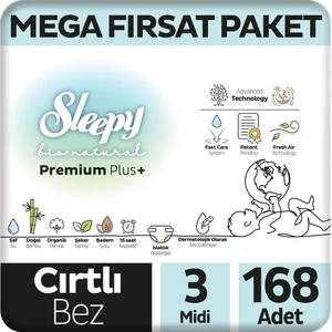 Bio Natural Premium Plus Mega Fırsat Paketi Bebek Bezi 3 Numara Midi 168 Adet