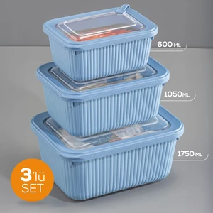 3'lü Vip Dikdörtgen Mikrodalga ve Difrize Uygun Saklama Kabı Seti Mavi 1X(1750,1050,600 Ml)