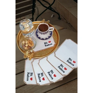 Bi Kahve 6 Adet Keten Kumaş Üzeri Nakışlı Kahve Yanı Kokteyl Peçetesi & Bardak Altlığı