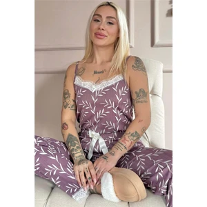 Mor Zeytin Dalı Dantelli Ip Askılı Örme Kadın Pijama Takımı