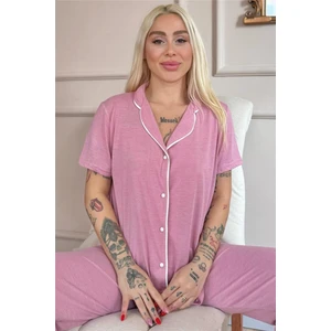 Pudra Sofistic Önden Düğmeli Kısa Kol Kadın Pijama Takımı