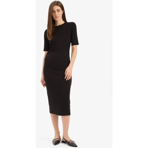 Bodycon Vücudu Saran Bisiklet Yaka Basic Düz Ribana Kısa Kollu Midi Elbise E6003AX25SP