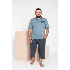 Erkek Büyük Beden 3 Düğme Pamuk Kısa Kol Cepli Kapri Bermuda Pijama Takımı