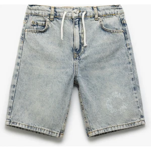 Denim Şort Beli Bağlamalı Düğmeli Cepli Pamuklu