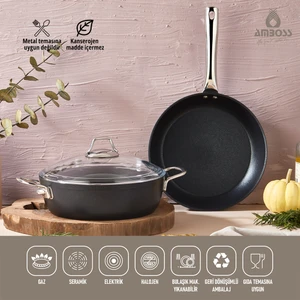 3 Parça Dark Yanmaz Yapışmaz Titanyum Kaplama Tencere Tava Seti Kapaklı - 26 cm
