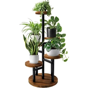 Çiçeklik 5 Raflı Saksılık Dekoratif 5 Raflı Çiçeklik Metal Doğal Ahşap Saksılık Çiçek Rafı Daire Model