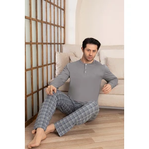 Erkek Ekose Desen 3 Düğmeli Bisiklet Yaka Bilek Manşetli Modal Mevsimlik Uzun Kol Cepli Pijama Takımı