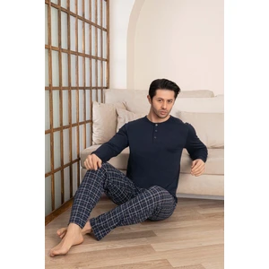 Erkek Ekose Desen 3 Düğmeli Bisiklet Yaka Bilek Manşetli Modal Mevsimlik Uzun Kol Cepli Pijama Takımı