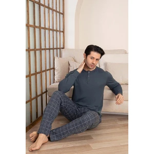 Erkek Ekose Desen 3 Düğmeli Bisiklet Yaka Bilek Manşetli Modal Mevsimlik Uzun Kol Cepli Pijama Takımı
