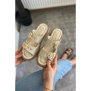 Kadın Firida Bej Çift Bantlı Kapsül Detaylı  Kalın Taban   Sandalet Terlik K-100