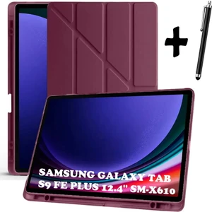 Samsung Galaxy Tab S9 Fe Plus 12.4 Kılıf Kalem Bölmeli Katlanabilir Standlı Silikon + Kalem SM-X610 Bordo
