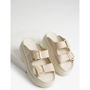 Dicle Polat Kadın Süet Günlük Terlik Çift Bantlı Terlik Kalın Taban  Elly Bej