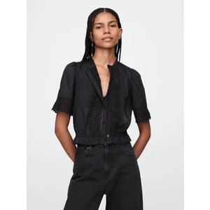 Kadın Siyah Dantel Işlemeli Balon Kol Gömlek