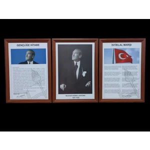 Atatürk-Gençliğe Hitabe-Istiklal Marşı Mdf Portre Tablo Köşe 3 Lü Set 35X50CM