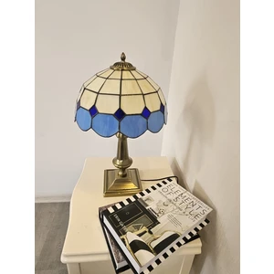 El Yapımı Eskitme Vitray Retro Barok Abajur Masa Lambası Oturma ve Yatak Odası Mavi Beyaz Siyah