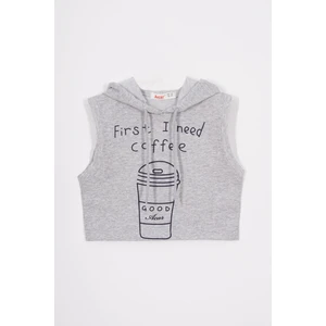 Kapüşonlu Sıfır Kol Coffee Baskılı Gri Melanj Renk Kız Çocuk Sweatshirt
