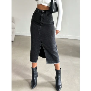 Kadın Denim Pamuklu Yırtmaçlı Uzun Siyah Etek