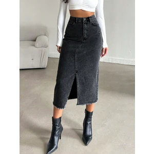 Kadın Denim Pamuklu Yırtmaçlı Uzun Siyah Etek