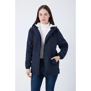 Kadın Lacivert Içi Kürklü Su ve Rüzgar Geçirmez Kapüşonlu Kışlık Mont & Kaban & Parka
