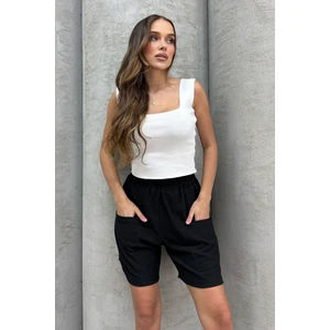 Lesa Wear Yüksel Bel Bol Kesim Keten Görünümlü Çift Cepli Şort