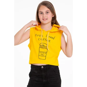 Kapüşonlu Sıfır Kol Coffee Baskılı Sarı Renk Kız Çocuk Sweatshirt