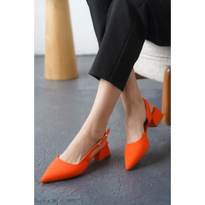 Moda Adam Kadın Efect Tokalı Kısa Topuklu Ayakkabı - Mat-Turuncu