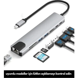Macbook Pro/air Uyumlu USB Type-C 8 In 1 Hub Dönüştürücü Çevirici Çoklayıcı USB Hdmı Micro Sd 8 Girişli