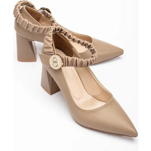 Bilek Elastik Bantlı Suni Deri Vizon Kadın Kalın Topuklu Ayakkabı Stiletto