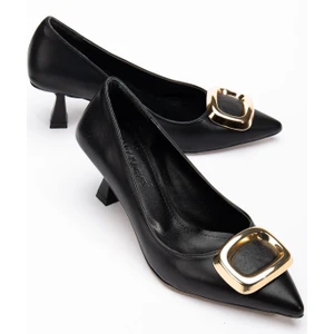 Kadın Topuklu Ayakkabı Siyah Kare Tokalı Cilt Kadeh Topuklu