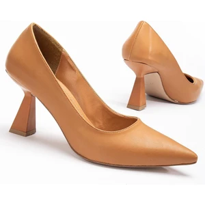Cilt Ince Topuk Camel Büyük Numara Kadın Ayakkabısı Topuklu Stiletto