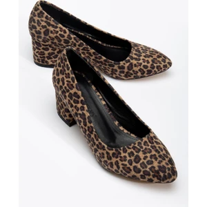 Kadın Kısa Topuklu Ayakkabı Leopar Süet Malzeme Kalın Topuklu