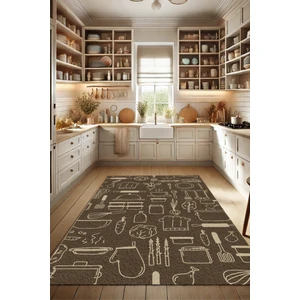 The Reef Design Dijital Baskılı Mutfak Eşyaları Desenli Kahverengi Lekelere Dayanıklı Dokuma Tabanlı Kaymaz Mutfak Halısı